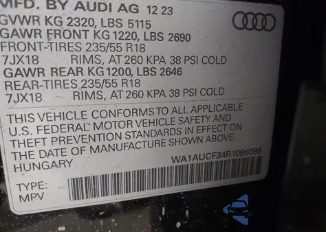 2024 Audi Q3 Premium 40 Tfsi Quattro Tiptronic из США, поврежденный, VIN WA1AUCF34R1086099